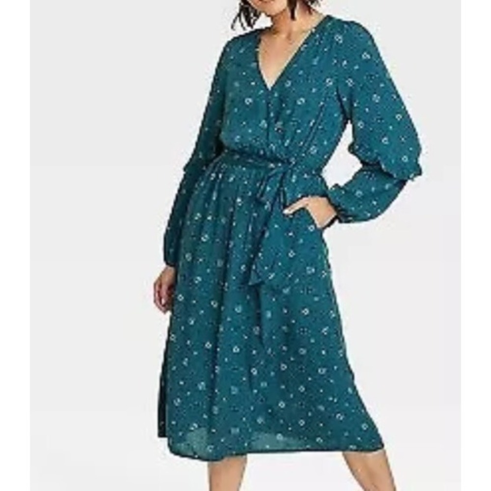 Women's Flutter Long Sleeve Wrap Dress - Knox Rose Teal Green Floral S